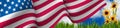 flag of the United States of America waving in the wind and beautiful holiday flowers Royalty Free Stock Photo