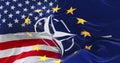 Flag of United States, NATO and European Union waving in the wind on flagpole. Close up. 3d illustration