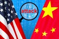 Flag of USA and China flag. Chinese hacking USA. Concept of hacking into the computer Royalty Free Stock Photo