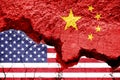 Flag of USA and China on a cracked background. Concept of crisis between Washington and Beijing Royalty Free Stock Photo