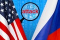 Flag of USA and Russia flag. Russian hacking USA. Concept of hacking into the computer