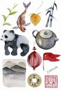 Flag, vase, porcelain, bamboo, tea, teapot, coin, physalis, dragon, carp, Panda, fish, koi