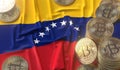 Flag of Venezuela and bitcoin coins or tokens, cryptocurrency related 3D rendering