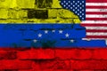 Flag of Venezuela and USA on a brick wall background with broken plaster