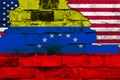 Flag of Venezuela and USA on a brick wall background with broken plaster