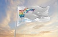 flag of West Hollywood, California at cloudy sky background on sunset, panoramic view. Patriotic concept about Boston and copy