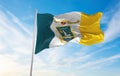 flag of Yellowknife, Northwest Territories , Canada at cloudy sky background on sunset, panoramic view. Canadian travel and Royalty Free Stock Photo