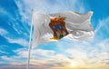 flag of Zacatecas , Mexico at cloudy sky background on sunset, panoramic view. Mexican travel and patriot concept. copy space for