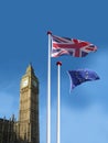 Flagpoles in front of Big Ben clocktower in London with flag og the United Kingdom waving and the European Union flag leaving the Royalty Free Stock Photo