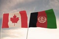 Flags of Afghanistan and Canada waving with cloudy blue sky background, 3D rendering