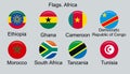 Flags of Africa, set. Ethiopia, Ghana, Cameroon, DRC, Morocco, Tanzania, Tunisia