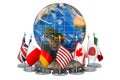 Flags of all members G7 around the Earth Globe, meeting concept. 3D rendering Royalty Free Stock Photo