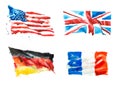 Flags of America, England, France, Germany hand drawn watercolor illustration.