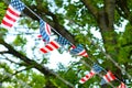 Flags with American colors with red stripes and white stars on blue background hanging in row in front of blurry barbed wire fence