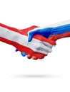 Flags Austria, Russia countries, partnership friendship handshake concept.