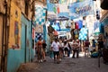 Flags and banners in honor of Napoli Champion of Italy displayed in the Quartieri Spagnoli, Naples