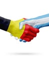 Flags Belgium, Argentina countries, partnership friendship handshake concept.