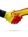 Flags Belgium, Spain countries, partnership friendship handshake concept.