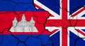 Flags of Cambodia and United Kingdom on cracked surface