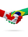 Flags Canada, Brazil countries, partnership friendship handshake concept.