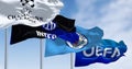 The flags of the Champions League, Inter Milan, Manchester City and UEFA waving