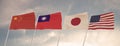 Flags Of China, Taiwan, Japan And USA Waving With Cloudy Blue Sky Background, 3D Redering United States Of America, Chinese Commun