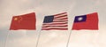 Flags of China, Taiwan and USA waving with cloudy blue sky background, 3D redering United States of America, Chinese Communist Par Royalty Free Stock Photo