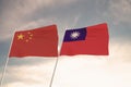 Flags Of China And Taiwan Waving With Cloudy Blue Sky Background, 3D Redering United States Of America, Chinese Communist Party CC