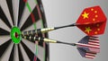 Flags of China and the USA on darts hitting bullseye of the target. International cooperation or competition conceptual Royalty Free Stock Photo