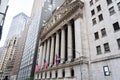 Flags, columns and inscription under the bas-relief on the facade of the New York Stock Exchange on Wall Street Royalty Free Stock Photo