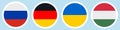 Flags of countries. Russia, Germany, Ukraine, Hungary. Collection of stickers on a white backing. Horizontal lines.