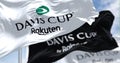 The flags of the Davis Cup by Rakuten waving in the wind on a clear day