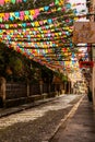 Flags and decorative banners seen ornamenting the streets of Pelourinho for the festivals of Sao Joao Royalty Free Stock Photo