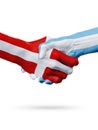 Flags Denmark, Argentina countries, partnership friendship handshake concept.