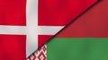 The flags of Denmark and Belarus. News, reportage, business background. 3d illustration
