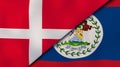 The flags of Denmark and Belize. News, reportage, business background. 3d illustration