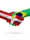 Flags Denmark, Brazil countries, partnership friendship handshake concept.