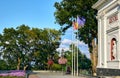 Flags of the EU, Ukraine and the city of Odessa flutter on flagpoles near the Odessa city hall. Ukraine Royalty Free Stock Photo