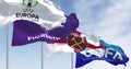 Flags of Europa Conference League, Fiorentina, West Ham and UEFA waving