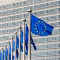 Flags of the European Union blowing in the wind in front of the European Commission in Brussels, Belgium Royalty Free Stock Photo