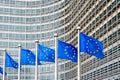 Flags of the European Union blowing in the wind in front of the European Commission in Brussels, Belgium Royalty Free Stock Photo