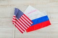 Flags of the European Union of Russia and the American with the inscription sanctions against the Russian Federation. Bloody war Royalty Free Stock Photo