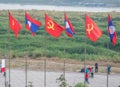 Lao and communist flags flying in Vientiane