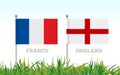 Flags of France and England against the backdrop of grass football stadium. Vector