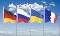 Flags of France, Germany, Russia, and Ukraine. Normandy Format meeting on eastern Ukraine. 3D illustration on sky background. Ã¢â¬â