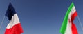 Flags of France and Iran on flagpoles on sides on a blue background. Place for text. French, Paris. Tehran, Asia. 3d illustration