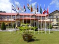 Flags on front lawn of hotel