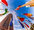 Flags in front of the Messeturm (Trade Fair Tower) in Frankfurt am Main