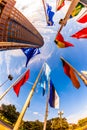 Flags in front of the Messeturm (Trade Fair Tower) in Frankfurt am Main