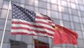 Waving flags of the USA and China in front of a modern skyscraper facade. 3D rendering Royalty Free Stock Photo
